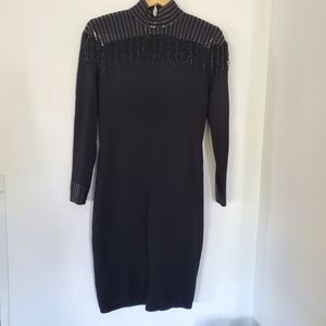 VTG ST JOHN EVENING 4 Black Santana Knit LS Dress Beads Dangles Paillettes 40" L